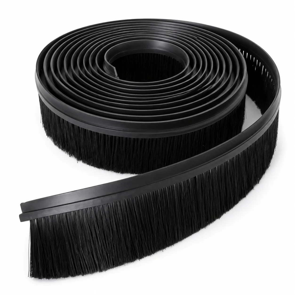 Flexible polymer-backed strip brush bent into a curved installation path