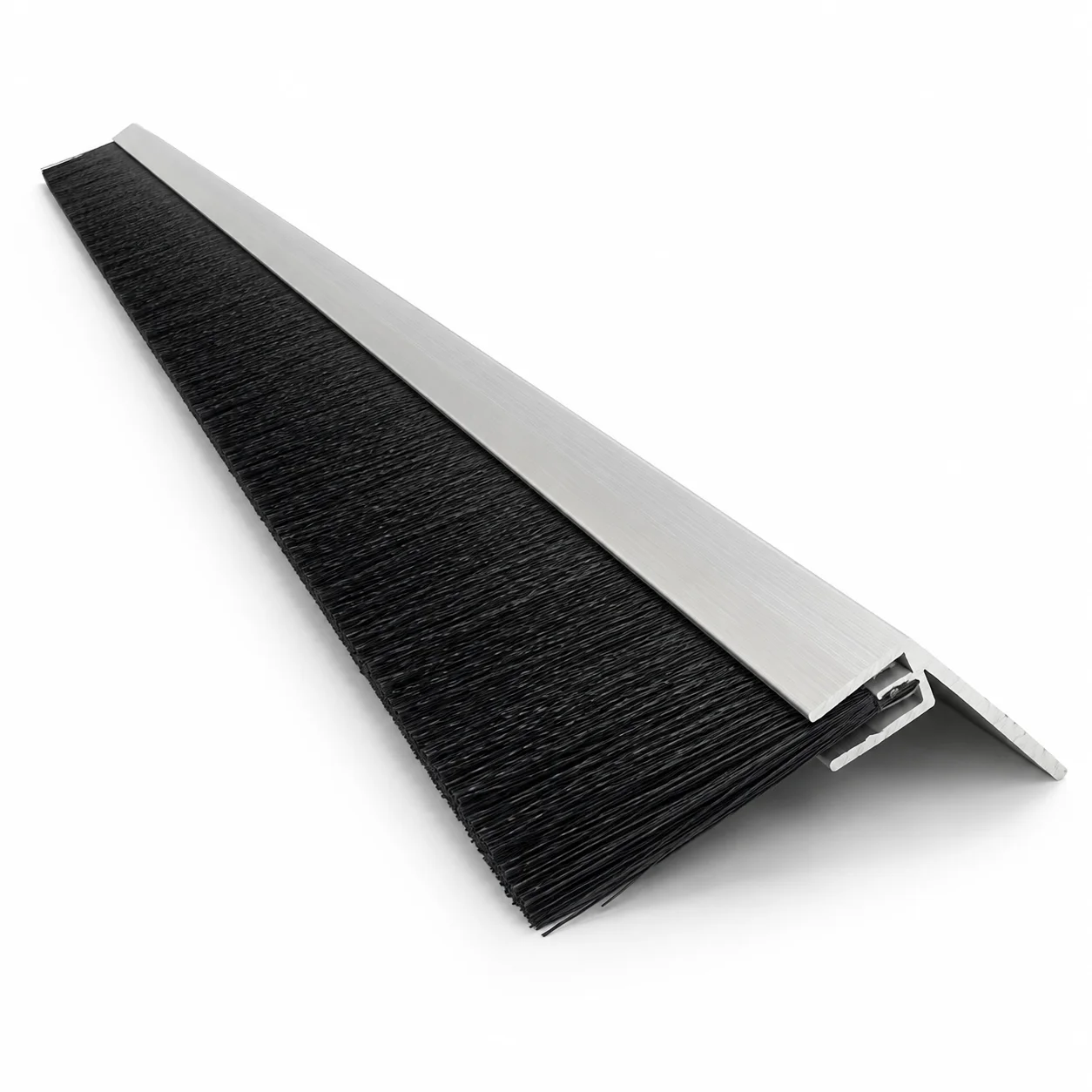 Black strip brush fitted into an aluminum carrier for sliding-door sealing