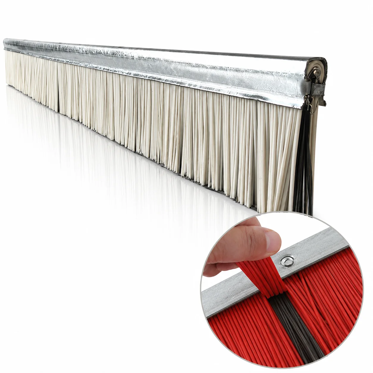 Long metal channel strip brush for concrete block machine cleaning