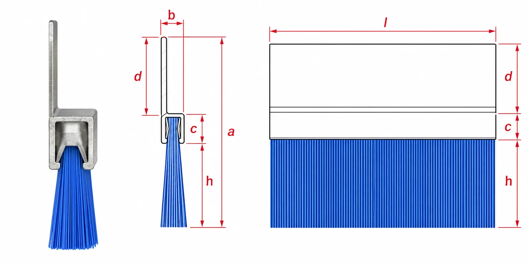 Engineering diagram showing metal channel strip brush profile, backing, trim height, and length dimensions
