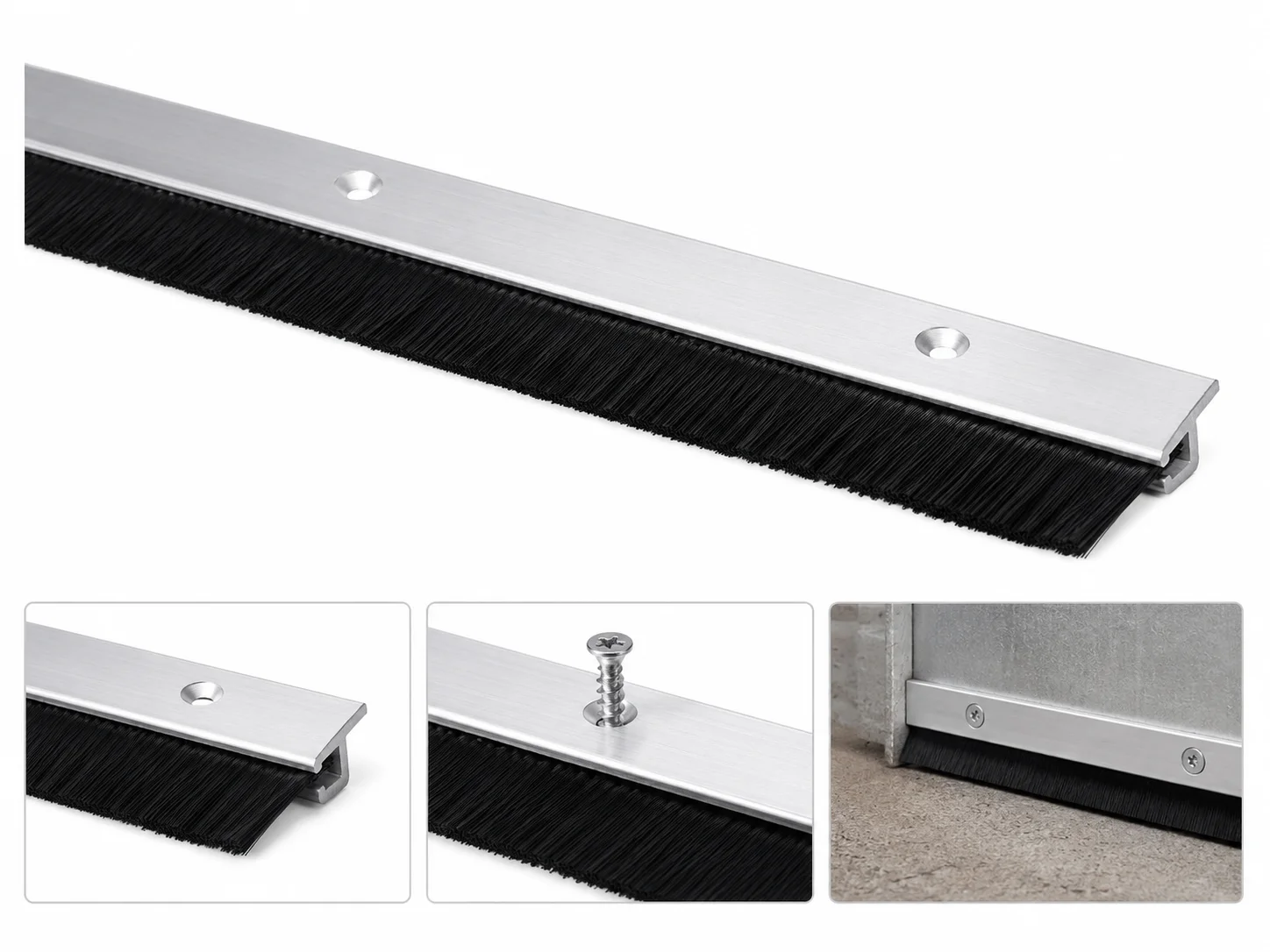 Pre-drilled aluminum strip brush carrier with countersunk mounting holes
