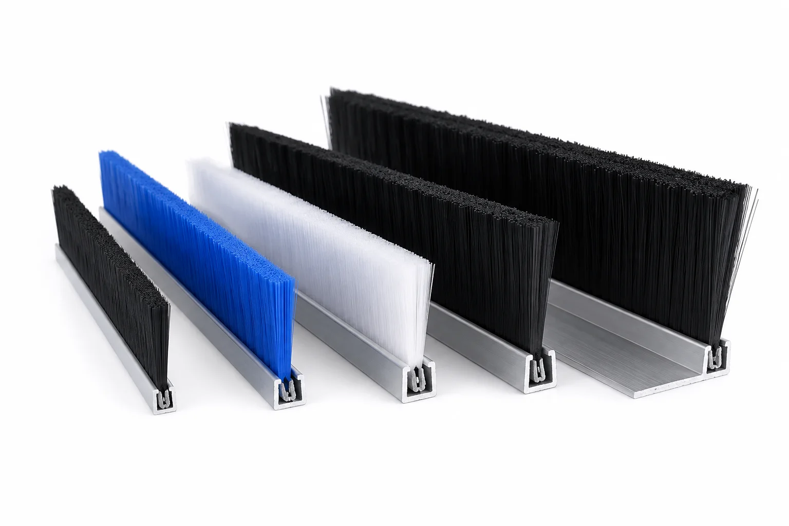 Metal channel strip brushes with different channel widths, trim heights, and filament colors