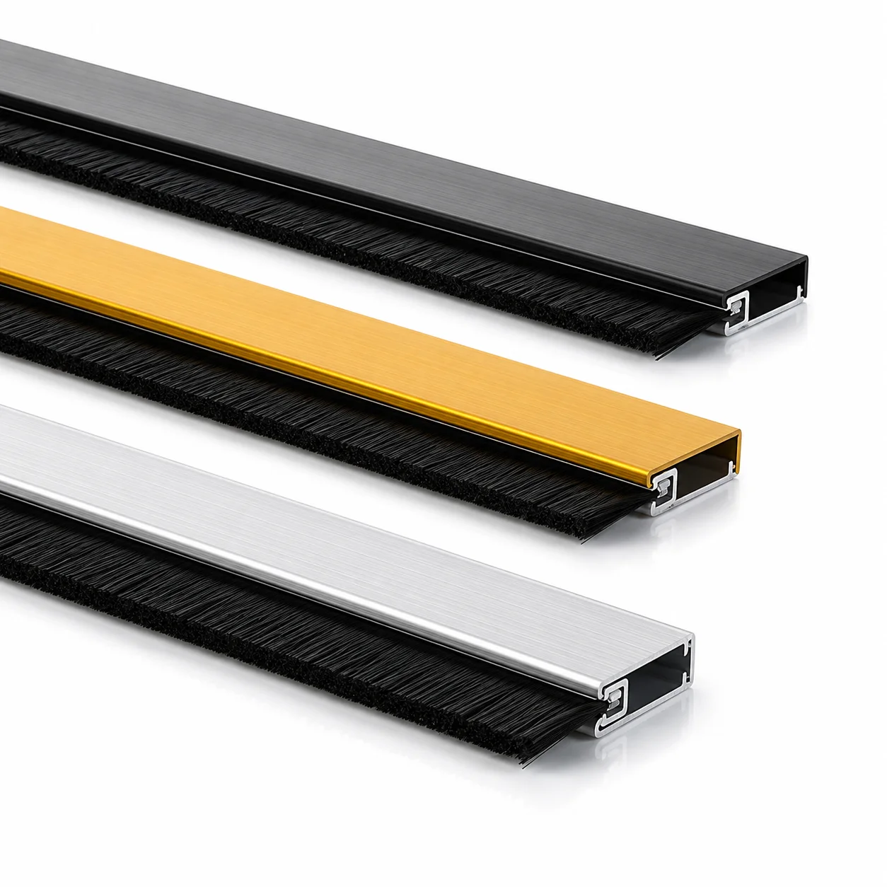 Straight metal strip brush with a formed metal channel and dense black filament