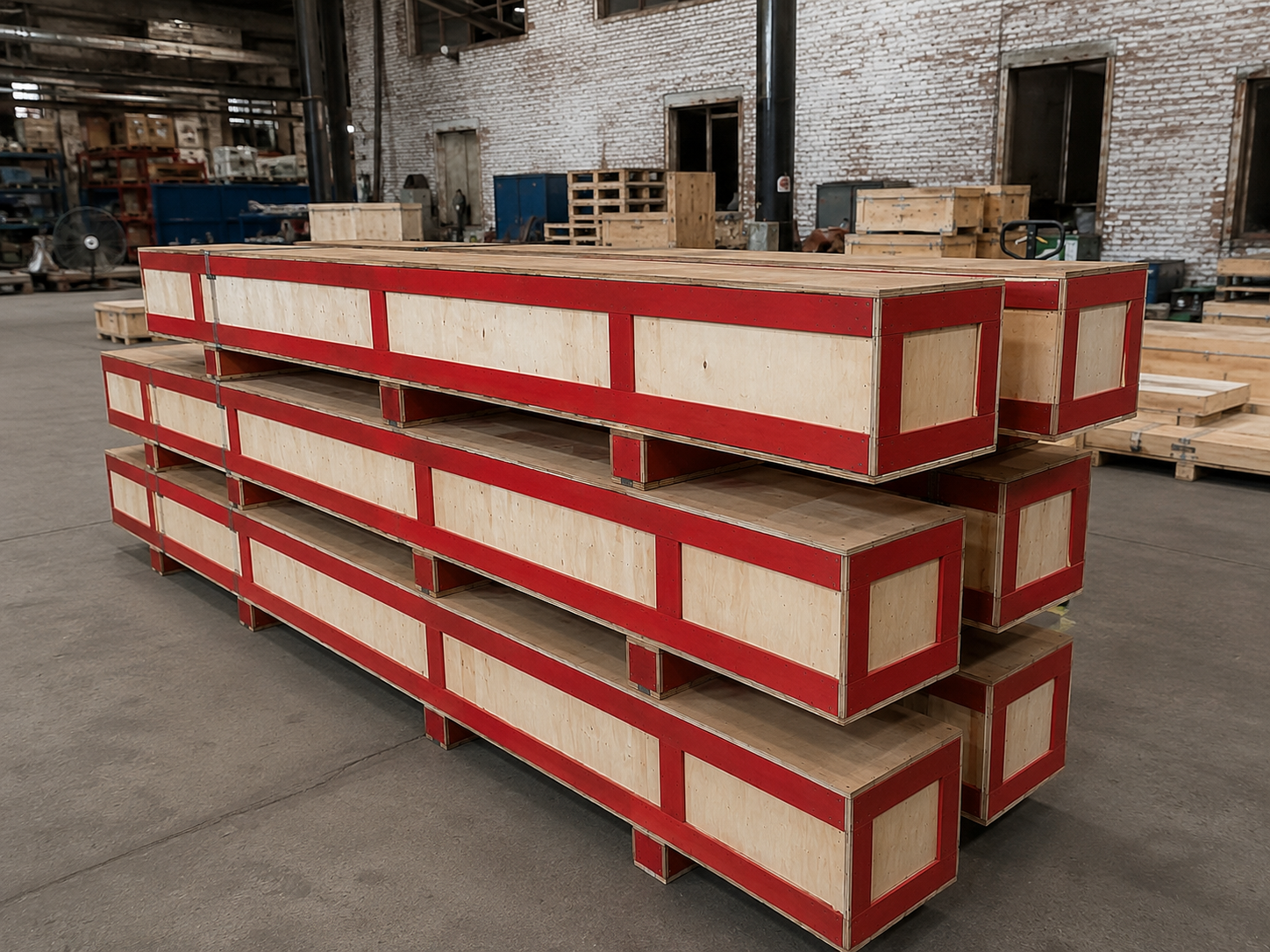 Reinforced wooden shipping cases prepared for long metal-channel strip brushes