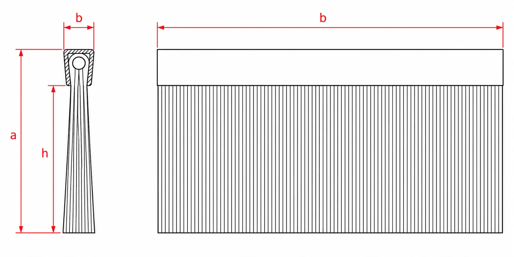 Metal channel strip brush dimension drawing showing overall height, trim height, backing width, and brush length