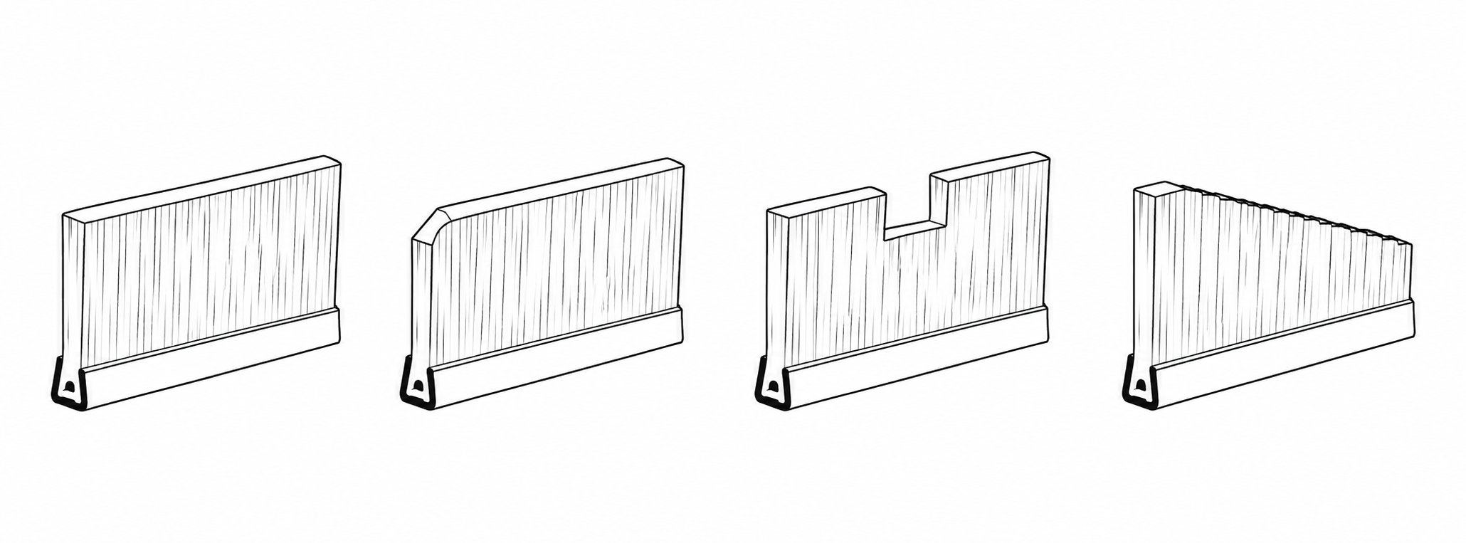 Strip brush trim profile diagram with flat, beveled, notched, and slanted options