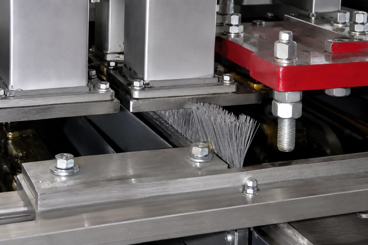 Strip brush cleaning contact points inside concrete block production machinery