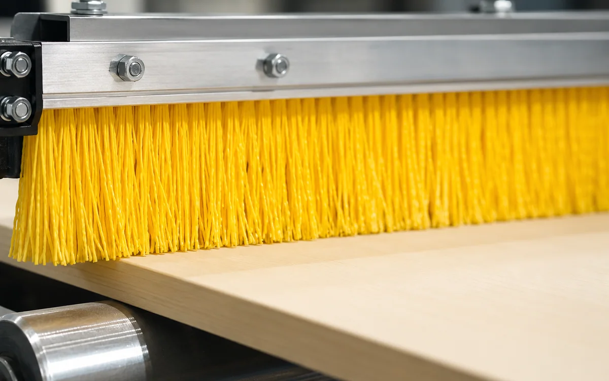 Yellow strip brush guiding a panel on an industrial conveyor