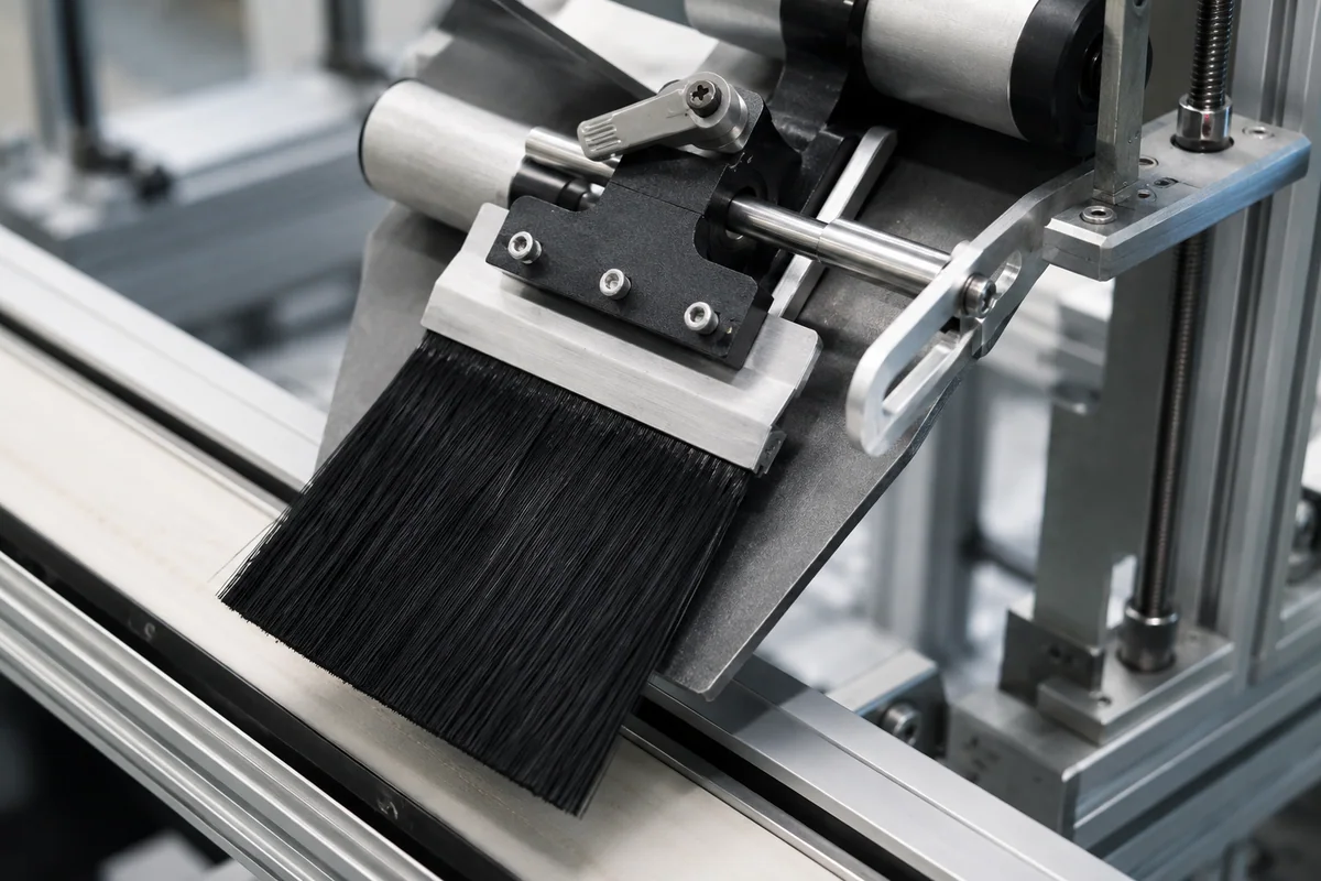 Black strip brush contacting material at a conveyor transfer point