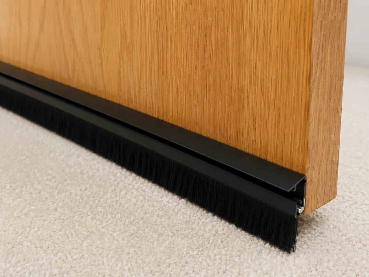 Black strip brush seal installed along the bottom edge of a wooden door