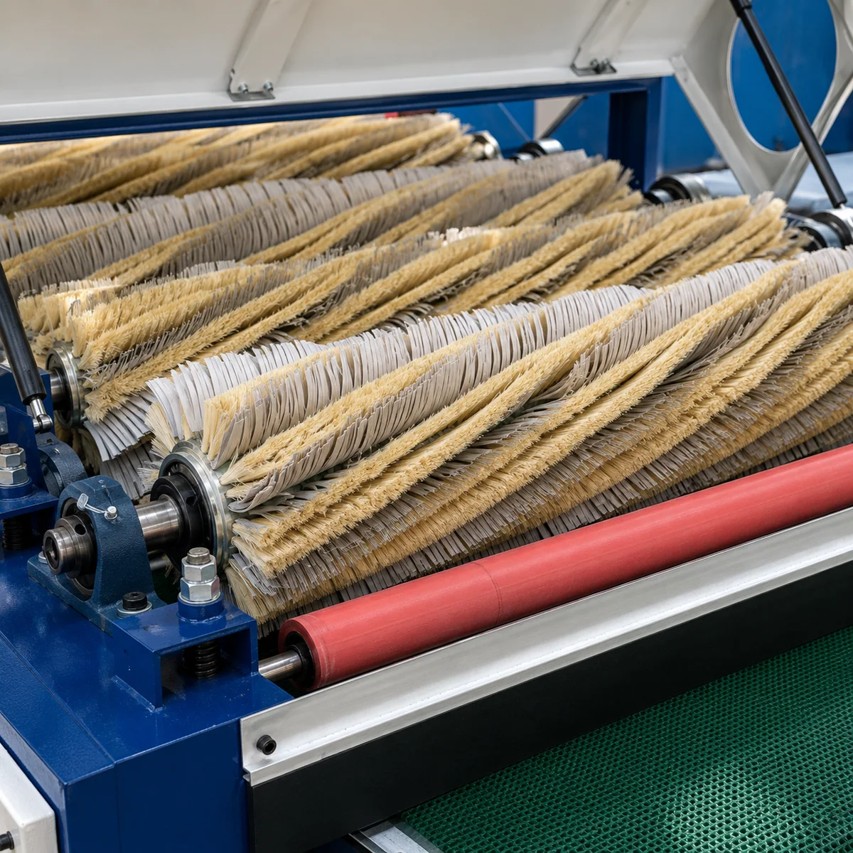 Industrial strip brushes cleaning material in production equipment