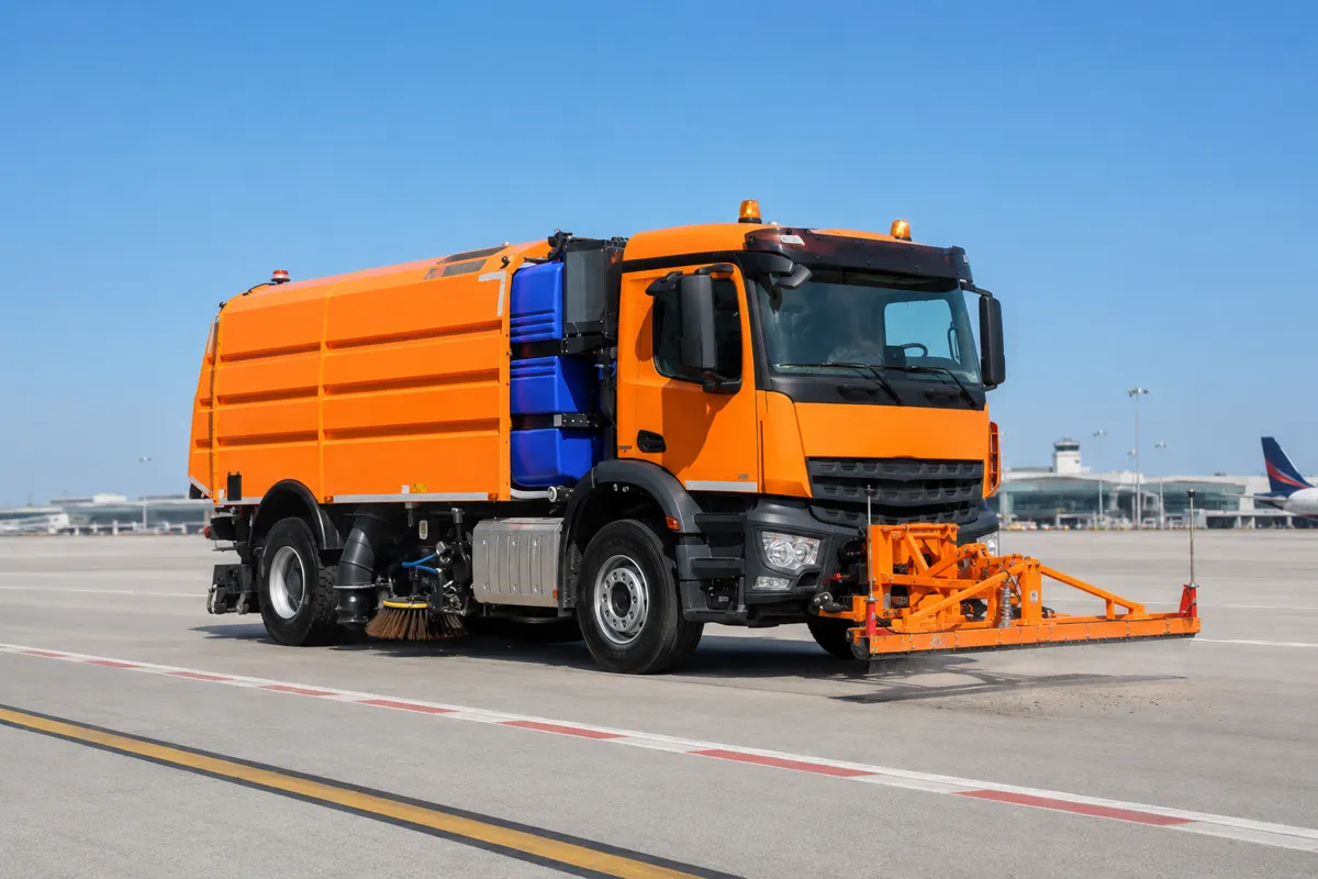 Airport runway sweeper truck for large paved area cleaning