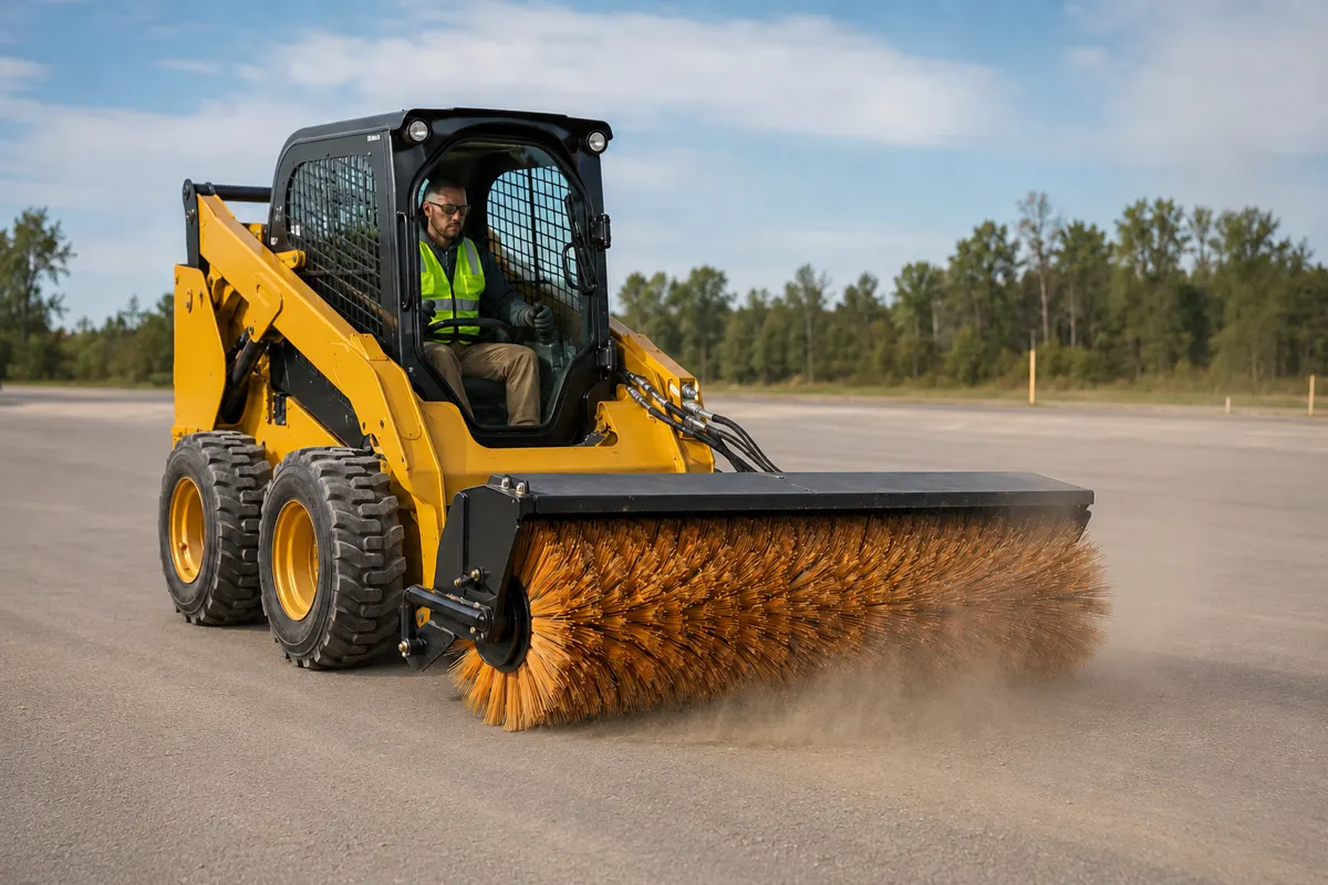 Skid steer angle broom cleaning construction debris on pavement