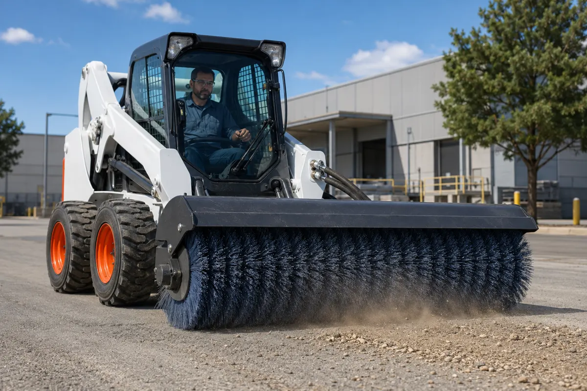 Skid steer rotary broom cleaning industrial yard and paved work area
