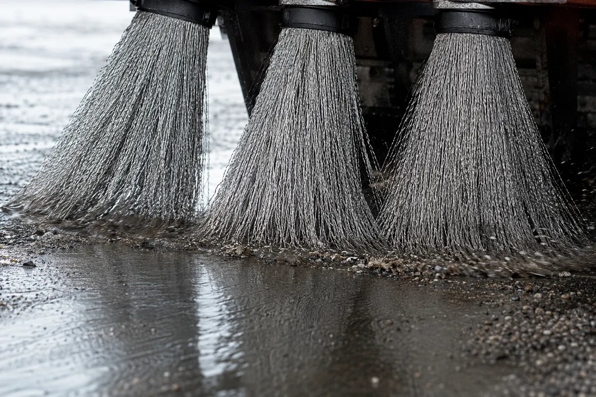 Steel wire cassette brushes working on wet airport pavement
