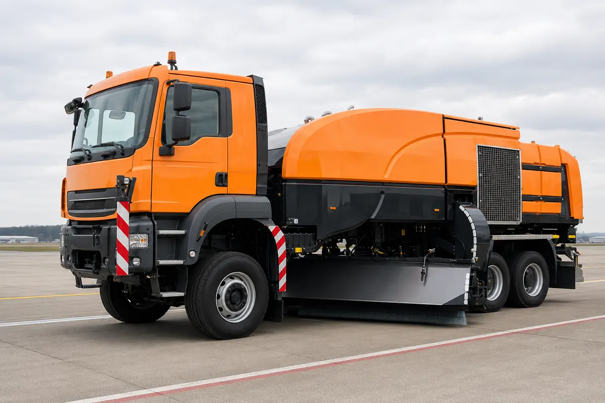 Airport runway sweeper truck used as machine reference for cassette brush replacement