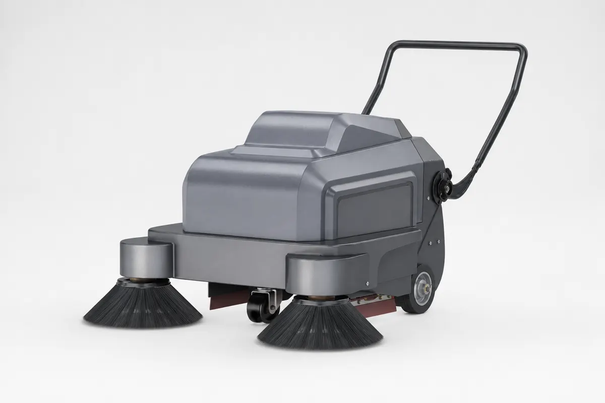 Walk-behind sweeper with dual side brushes for edge debris collection