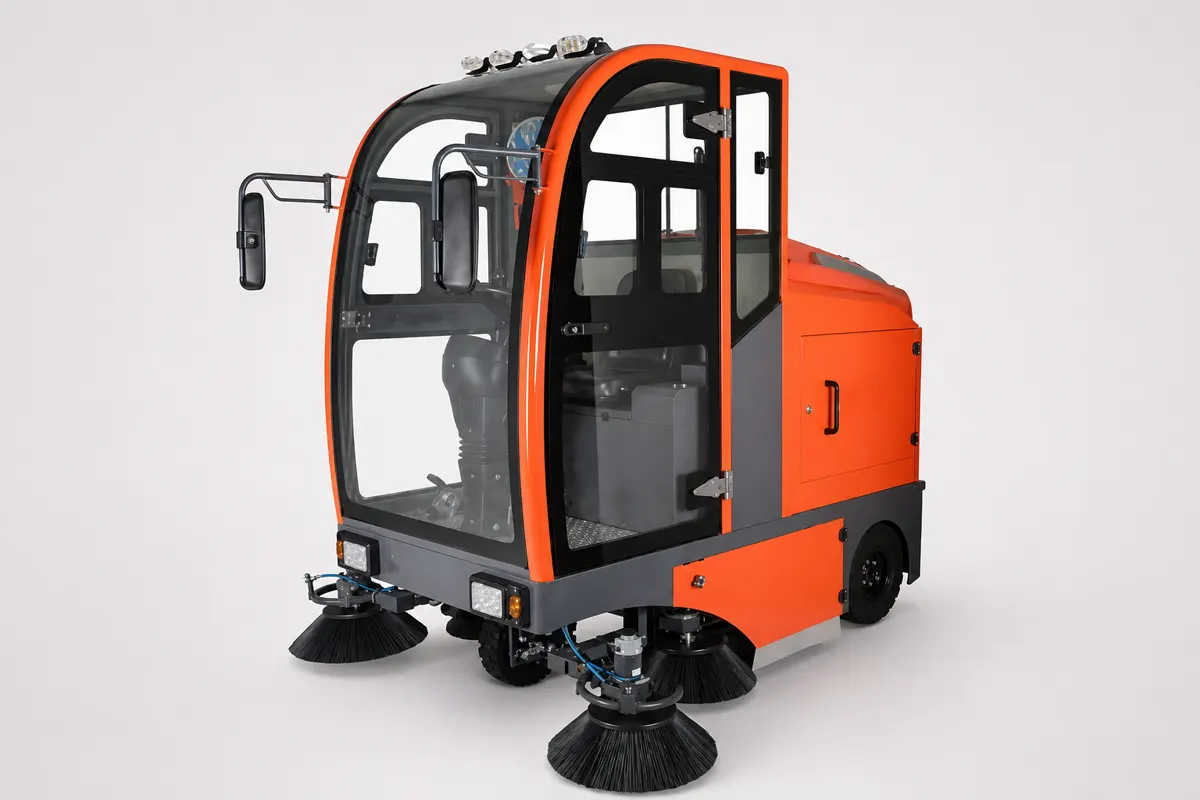 Electric road sweeper with side brooms used for replacement brush position reference