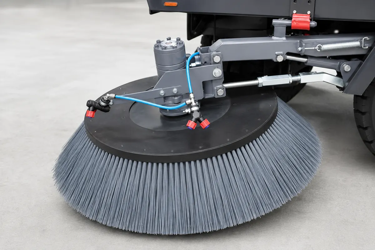 Street sweeper side gutter broom mounted below the machine edge