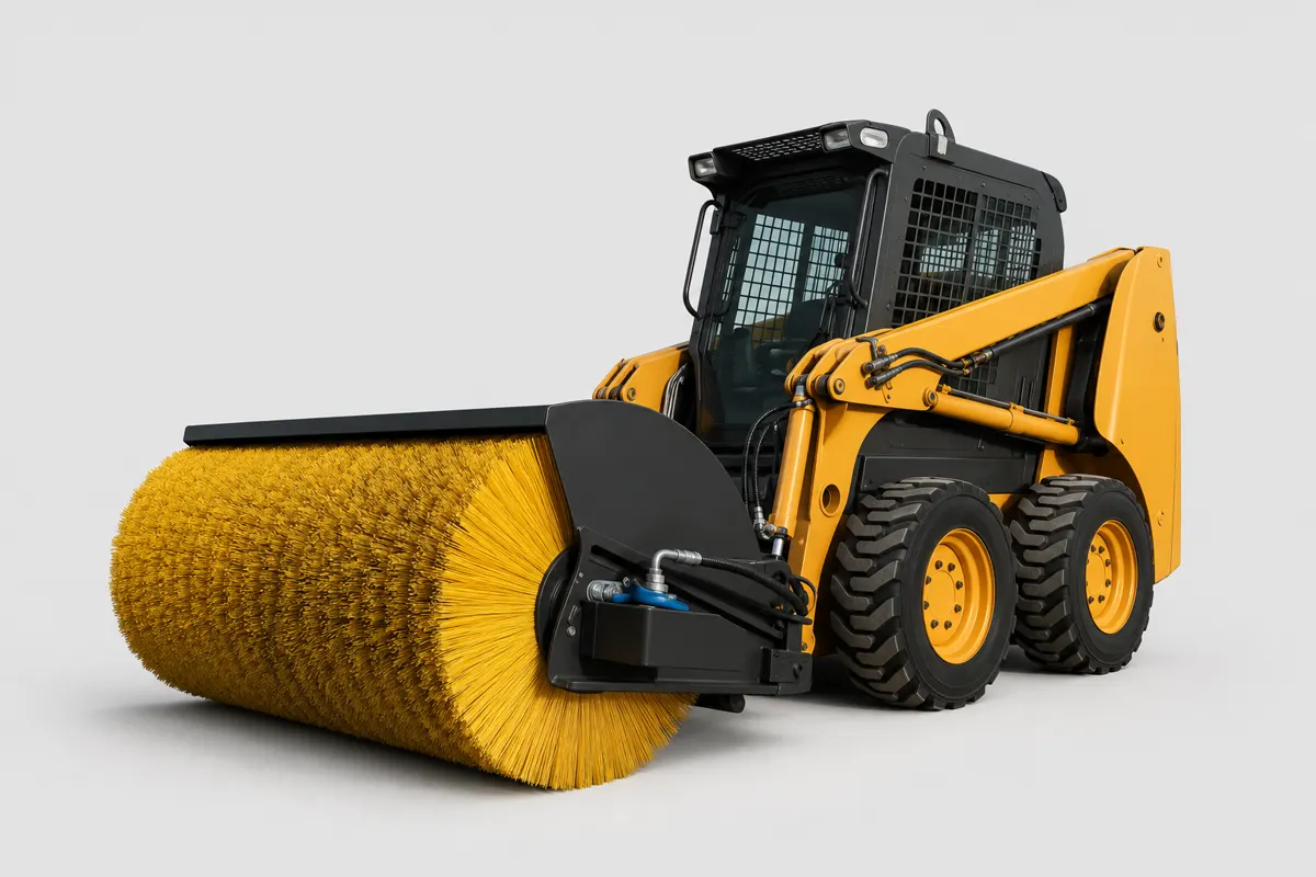 Skid steer loader with rotary broom attachment for pavement sweeping