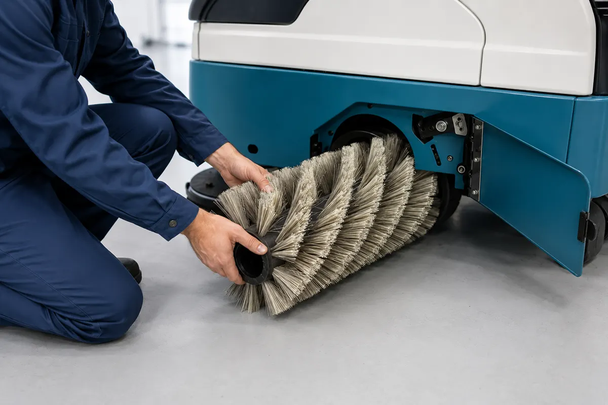 Technician replacing a cylindrical main sweeper brush on a compact ride-on sweeper