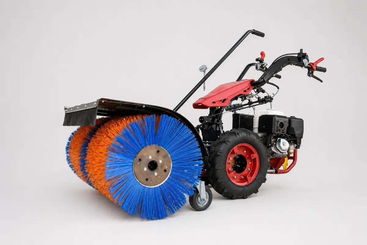 Two-wheel tractor with rotary power brush used as a sweeper main broom reference