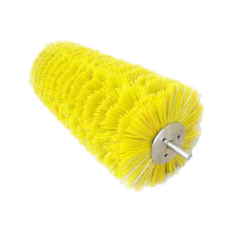 Yellow plastic tube broom with spiral brush pattern and metal shaft