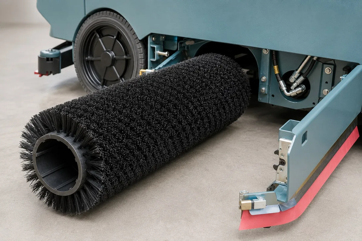 Replacement cylindrical main broom positioned beside a ride-on industrial sweeper