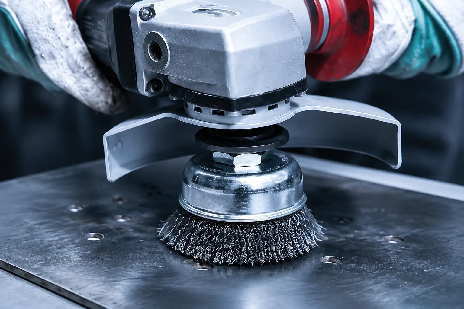 Knotted wire cup brush for surface preparation and deburring
