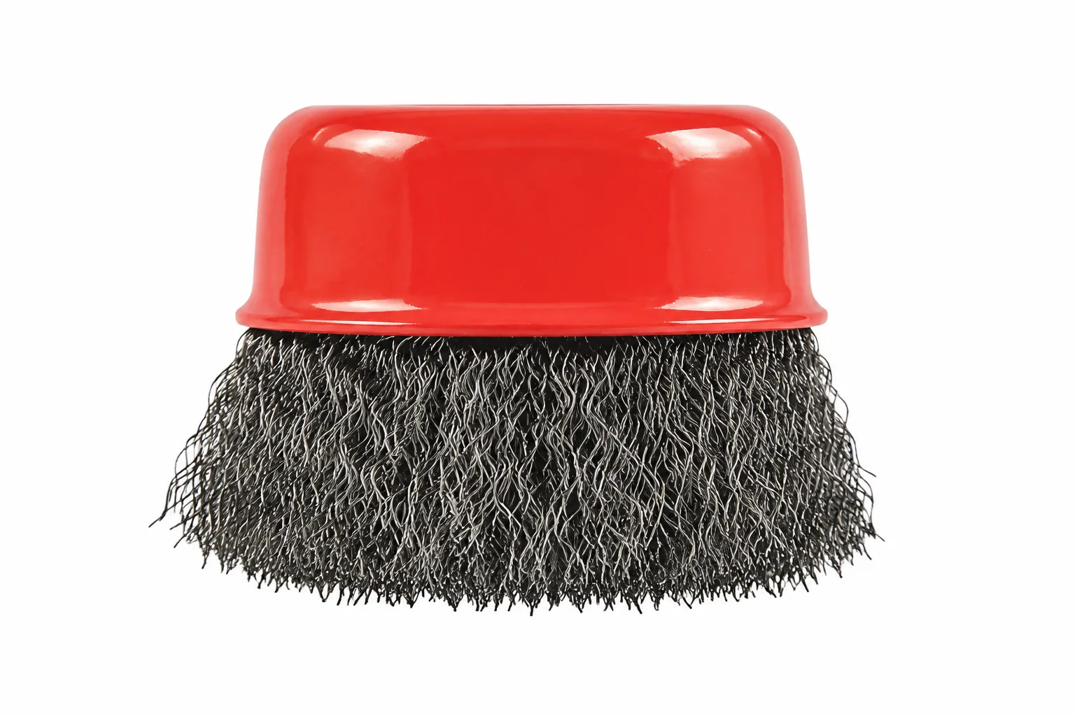 Crimped steel wire cup brush for flexible surface contact
