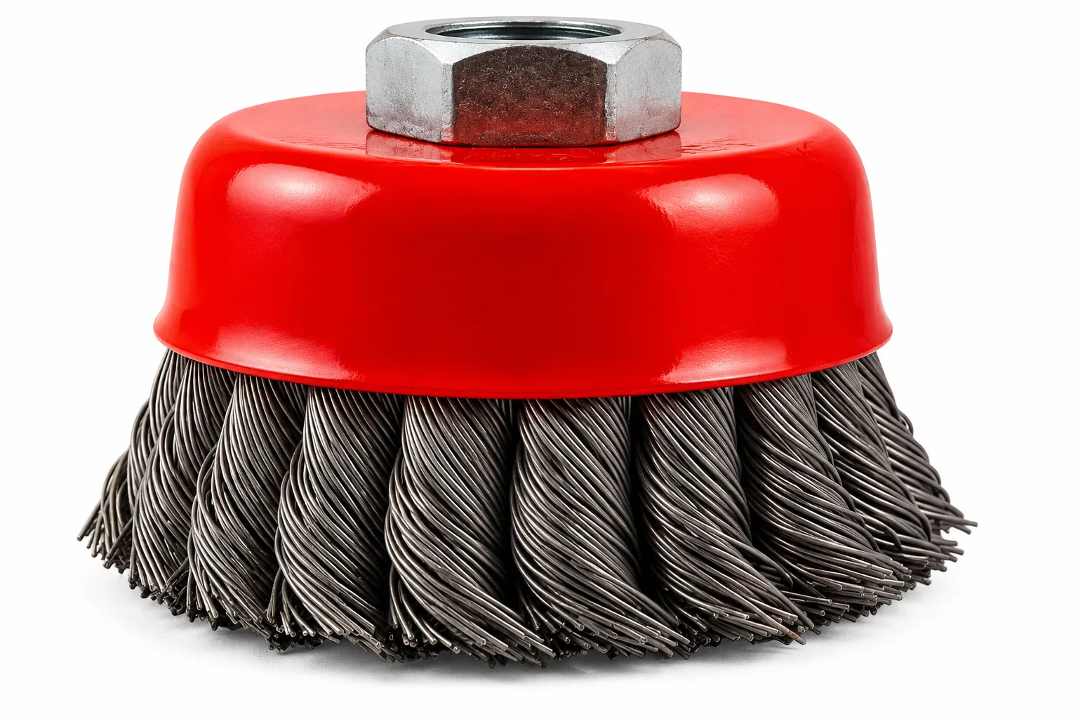 Knotted steel wire cup brush for heavy-duty surface cleaning