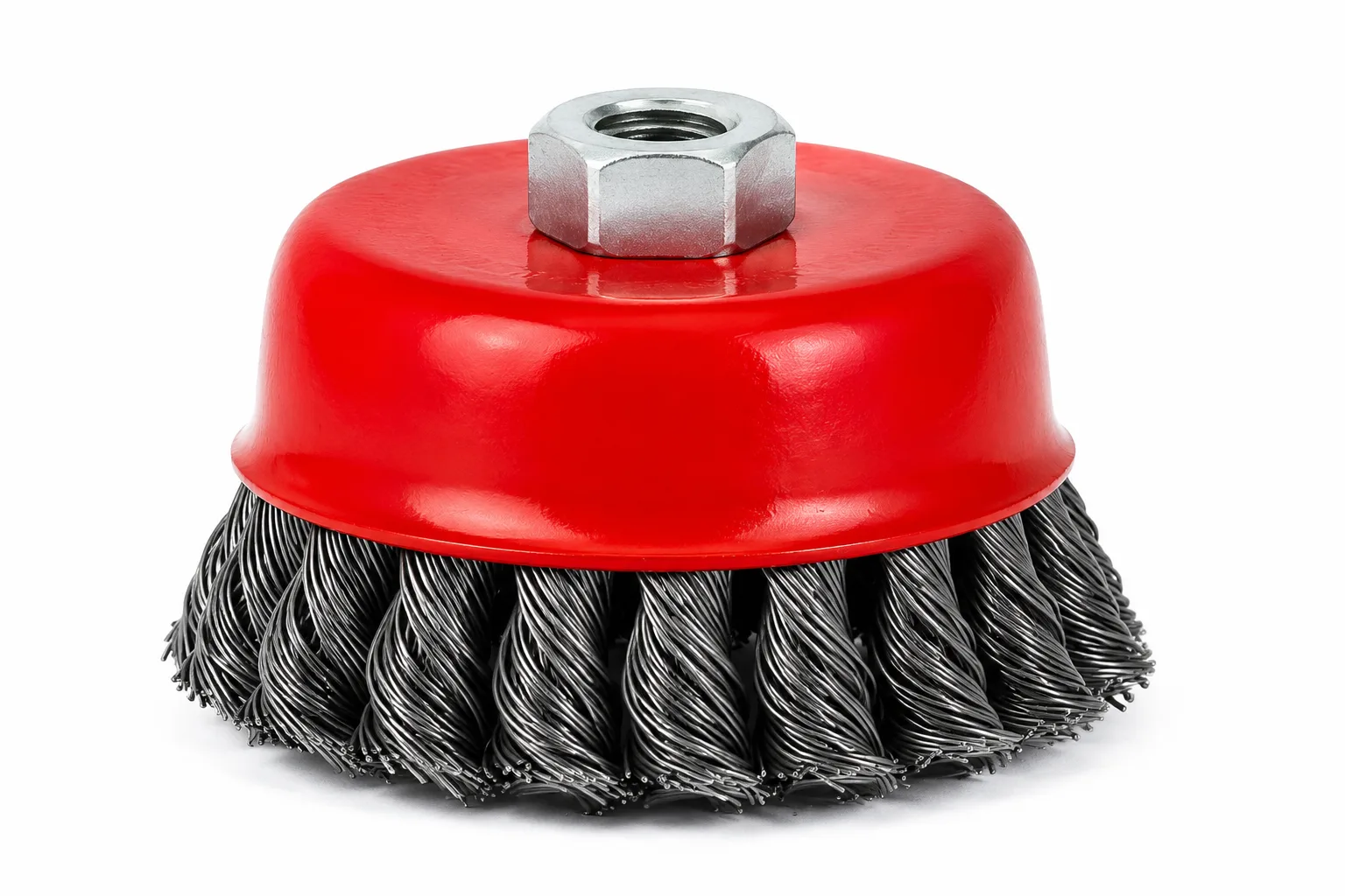 Twisted knot steel wire cup brush with bundled wire construction