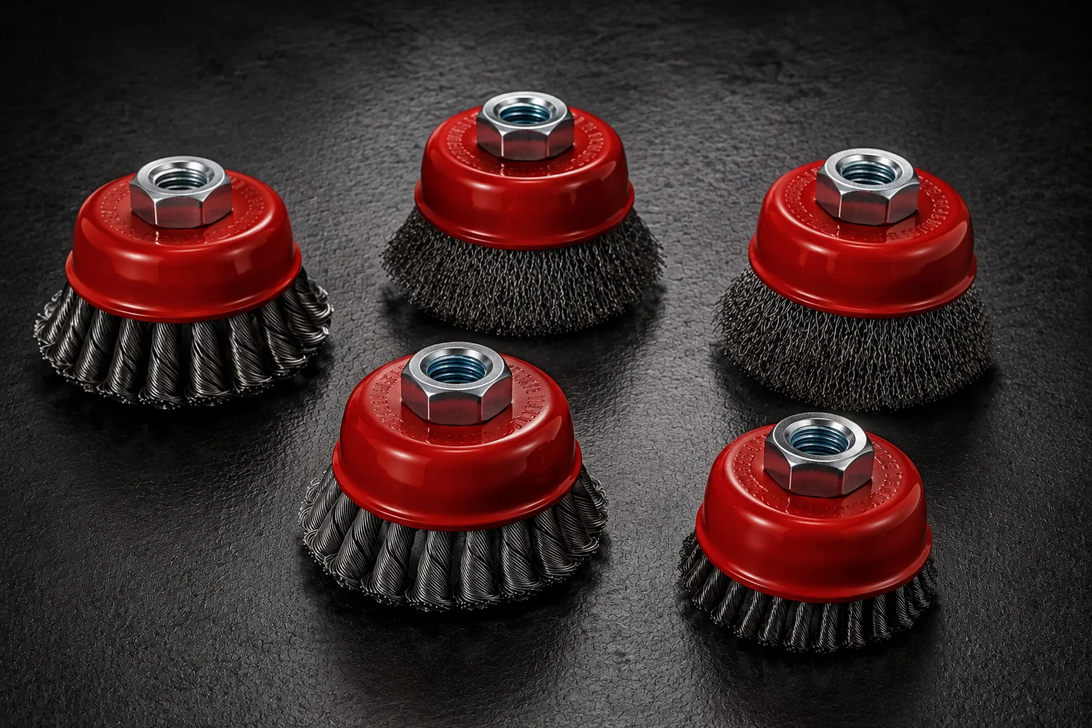 Knotted and crimped custom wire cup brushes for industrial surface preparation
