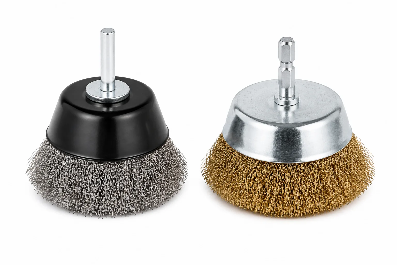 Shank-mounted and compact wire cup brushes for portable tools