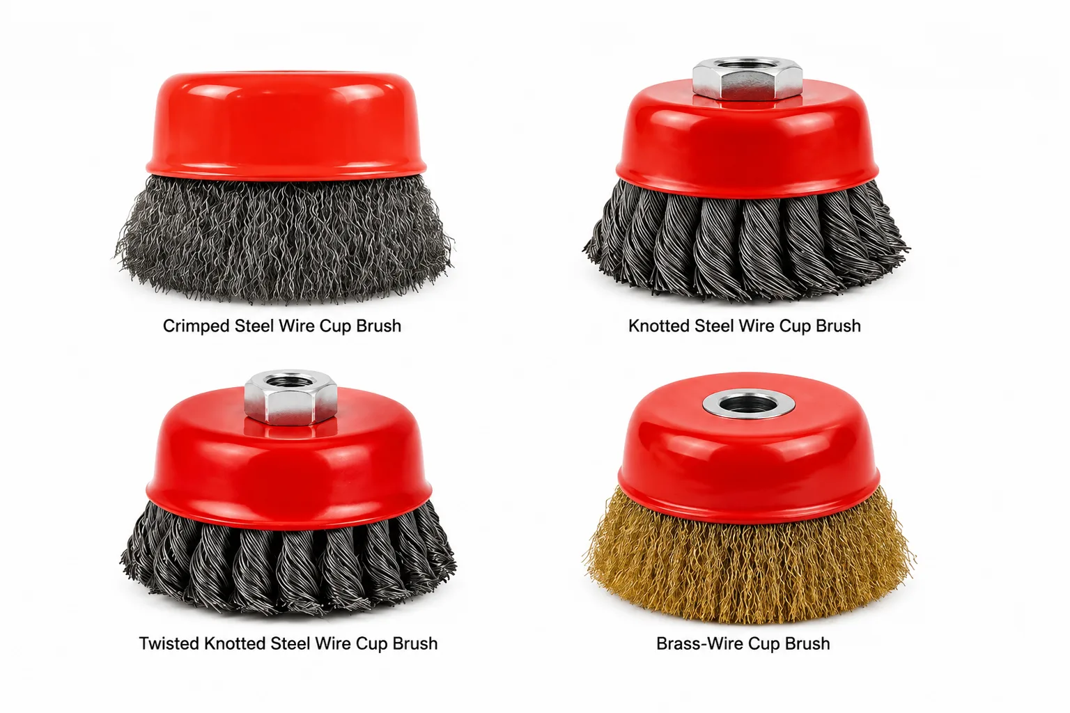 Crimped, twisted, and knotted wire cup brush constructions arranged for comparison