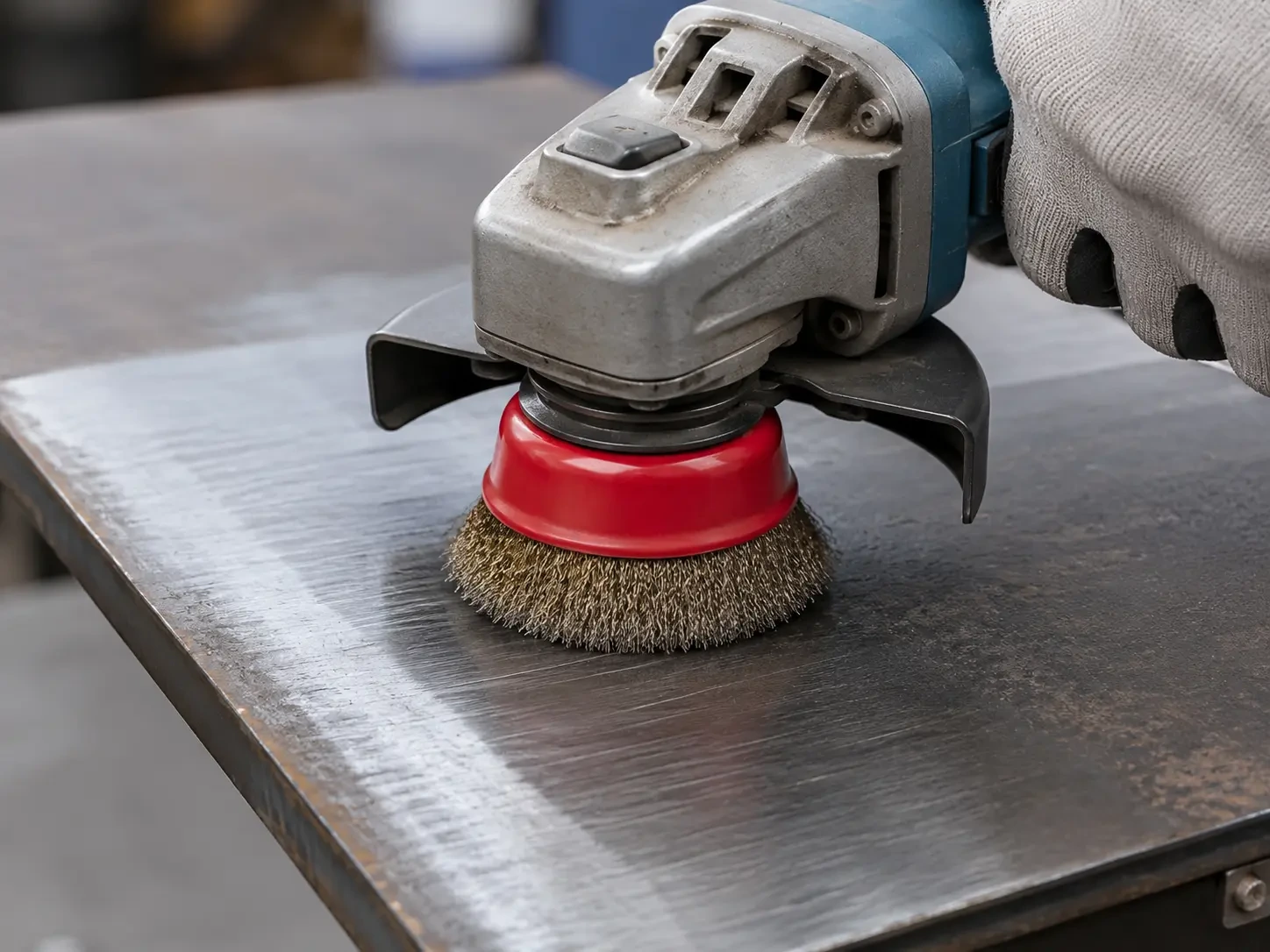 Wire wheel brush used for metal surface preparation before finishing
