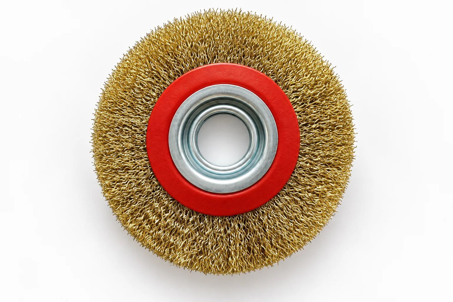 Brass wire wheel brush with red hub for industrial surface cleaning