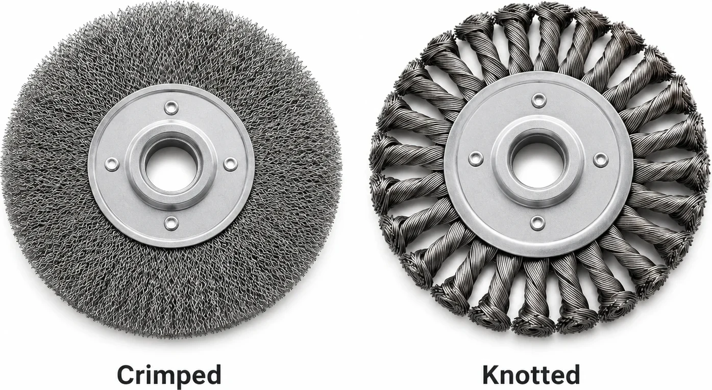 Crimped and knotted industrial wire wheel brushes shown side by side