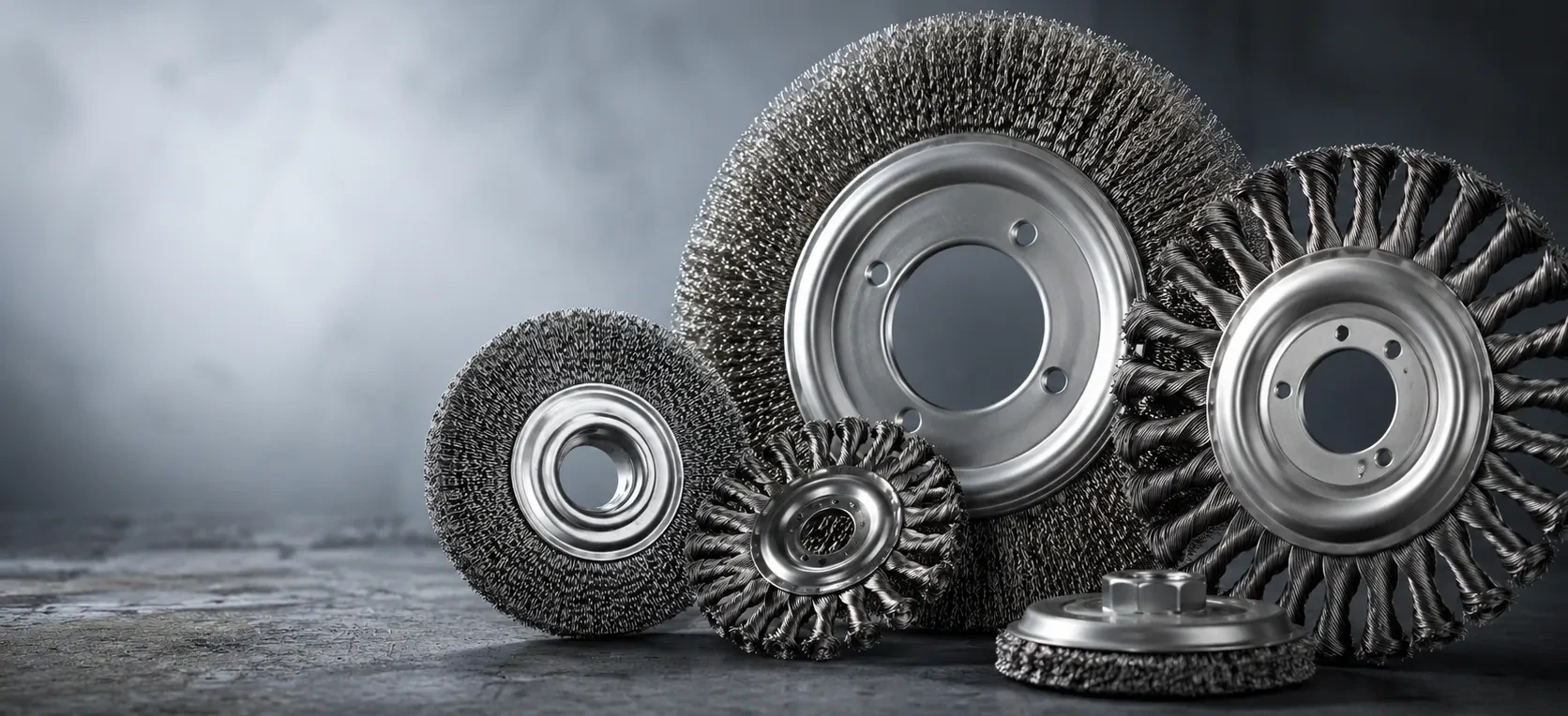 Industrial wire wheel brushes arranged as a custom manufacturing assortment