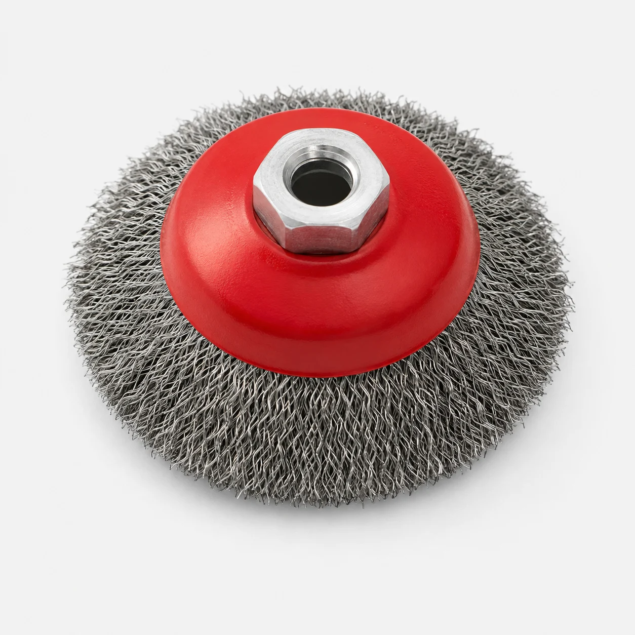 Crimped steel wire saucer bevel brush with red hub and threaded mounting hole